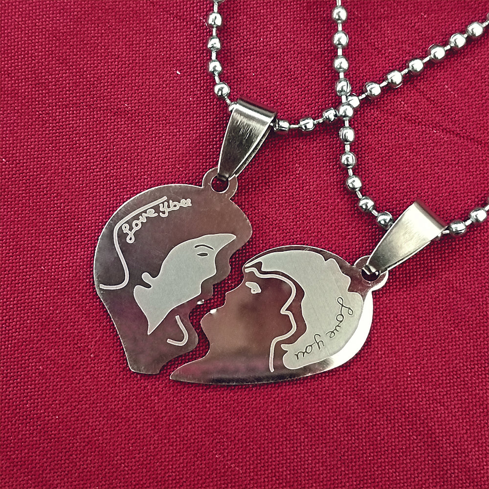 JewelMaze Heart Shape " Love YOU" Couple Chain Pendant- 1404882
