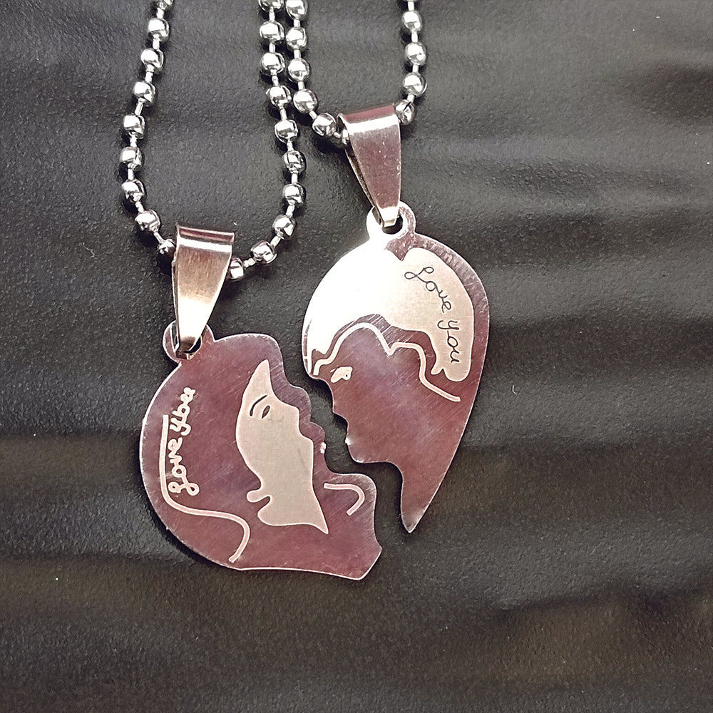 JewelMaze Heart Shape " Love YOU" Couple Chain Pendant- 1404882