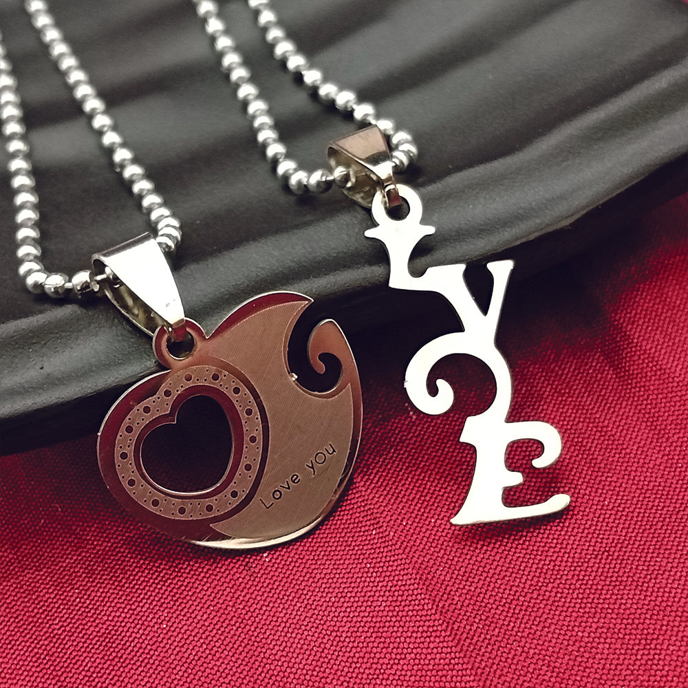 JewelMaze Heart Shape " Love YOU" Couple Chain Pendant- 1404883