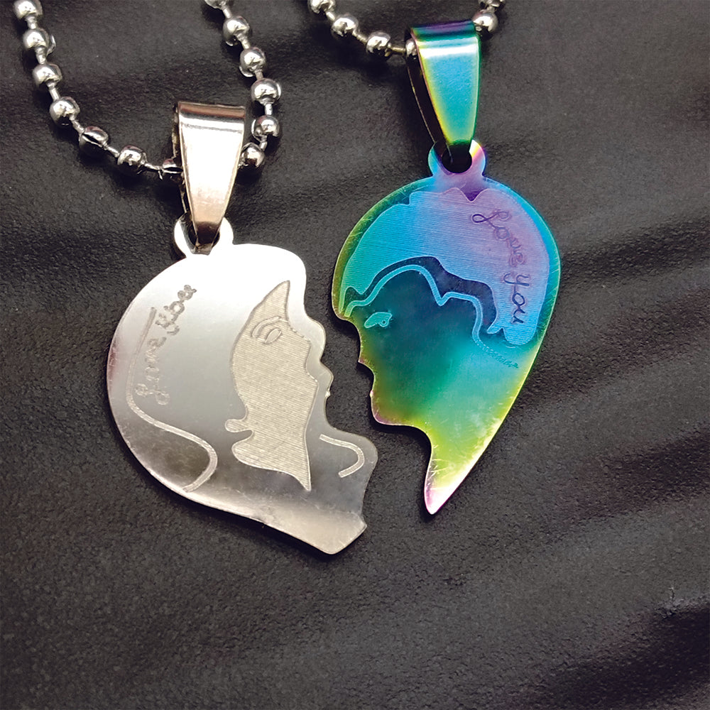 JewelMaze Heart Shape " LOVE YOU" Couple Chain Pendant- 1404892