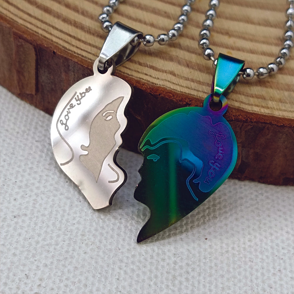 JewelMaze Heart Shape " LOVE YOU" Couple Chain Pendant- 1404892