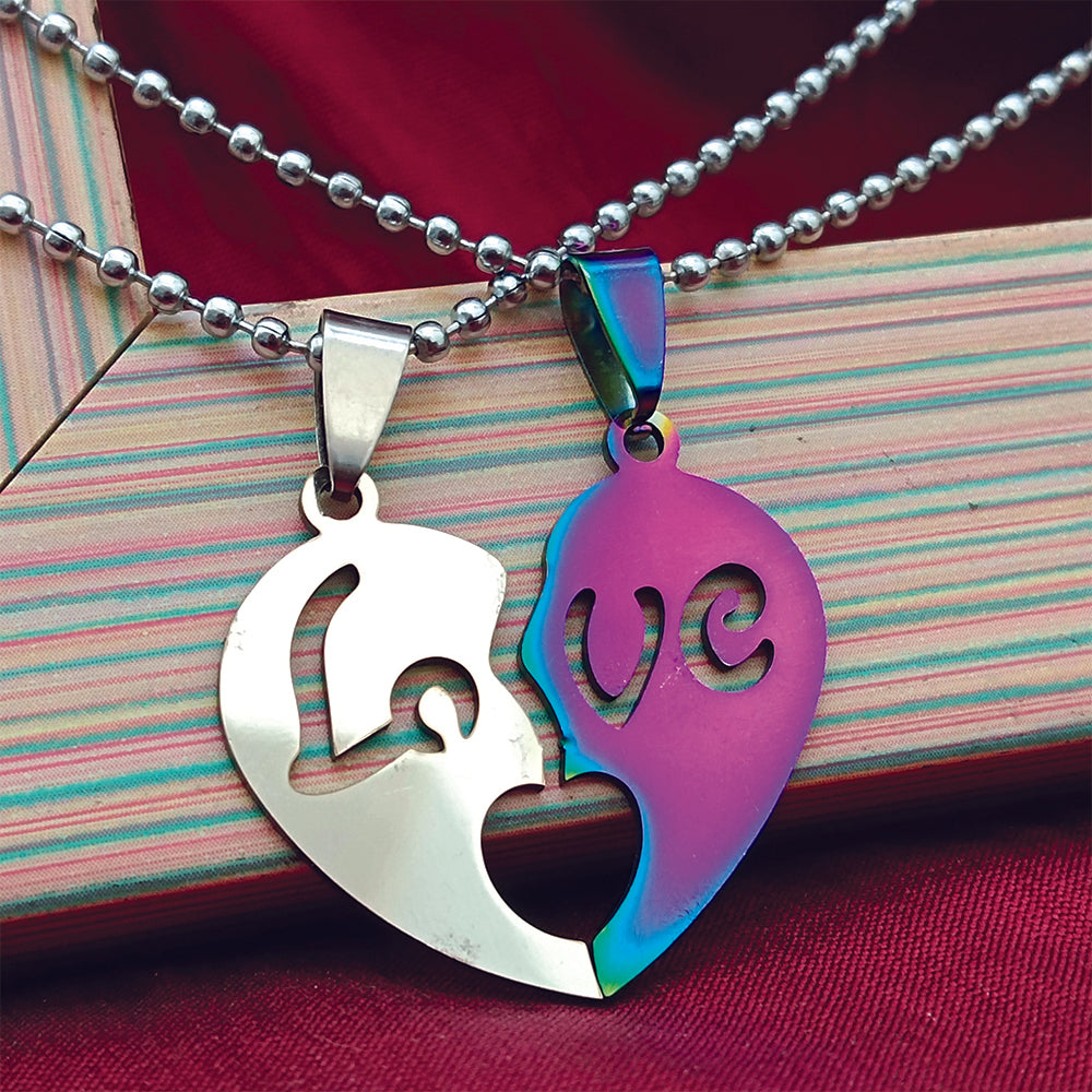 JewelMaze Heart Shape " LOVE " Couple Chain Pendant- 1404893