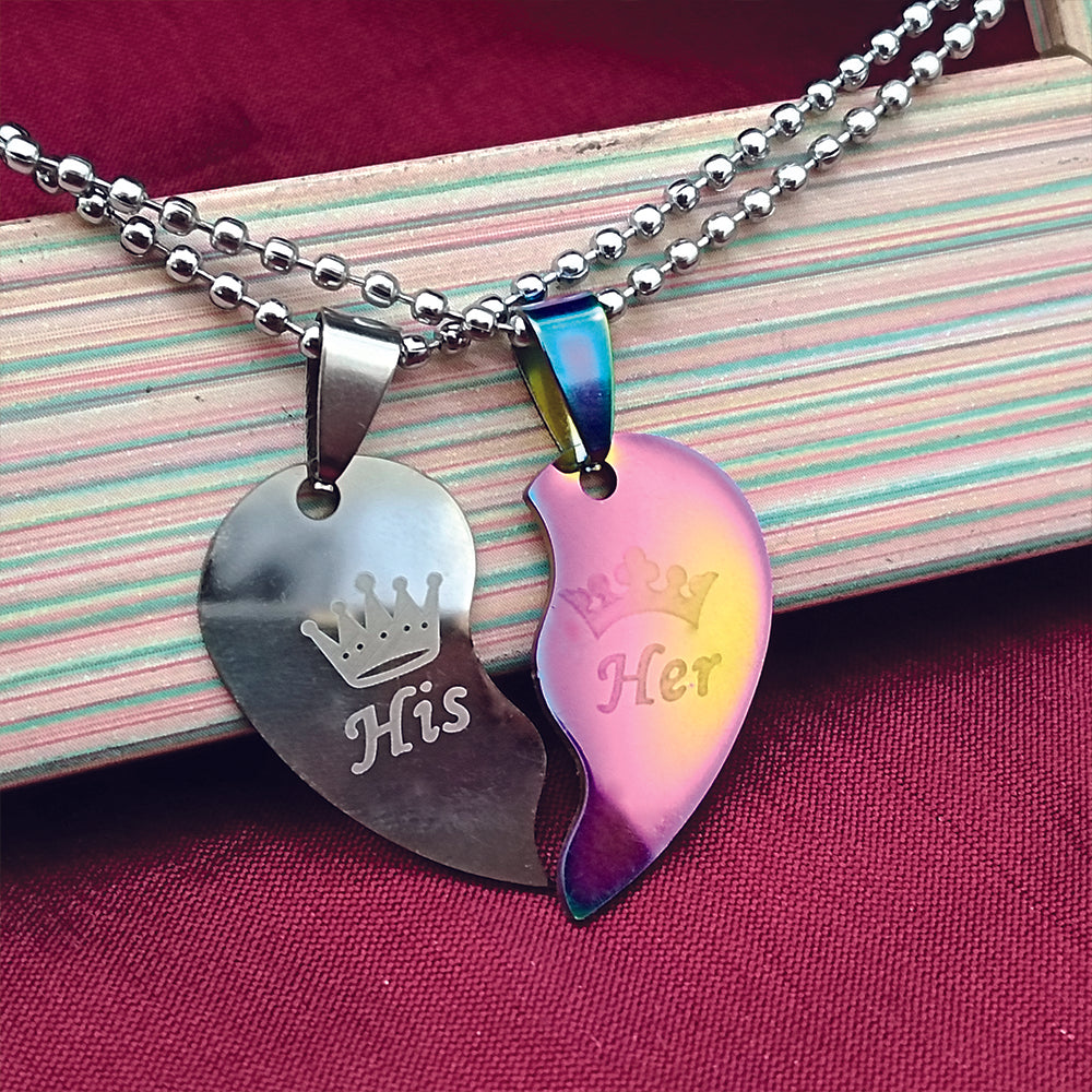 JewelMaze Heart Shape " HIS HER" Couple Chain Pendant- 1404894