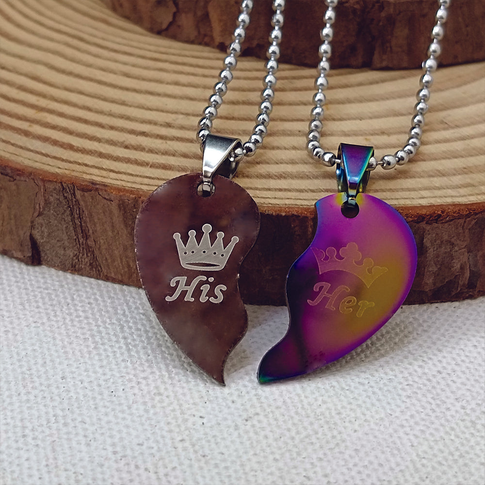 JewelMaze Heart Shape " HIS HER" Couple Chain Pendant- 1404894
