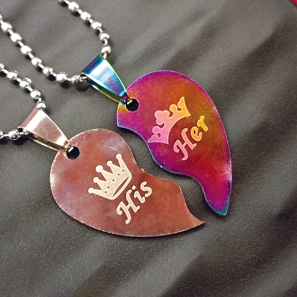 JewelMaze Heart Shape " HIS HER" Couple Chain Pendant- 1404894