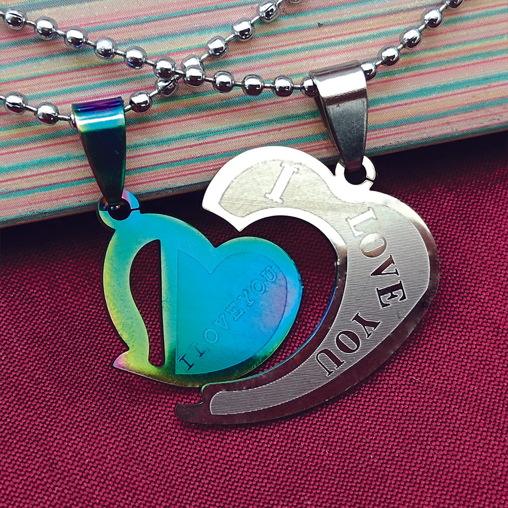 JewelMaze Heart Shape " I LOVE YOU" Couple Chain Pendant- 1404895