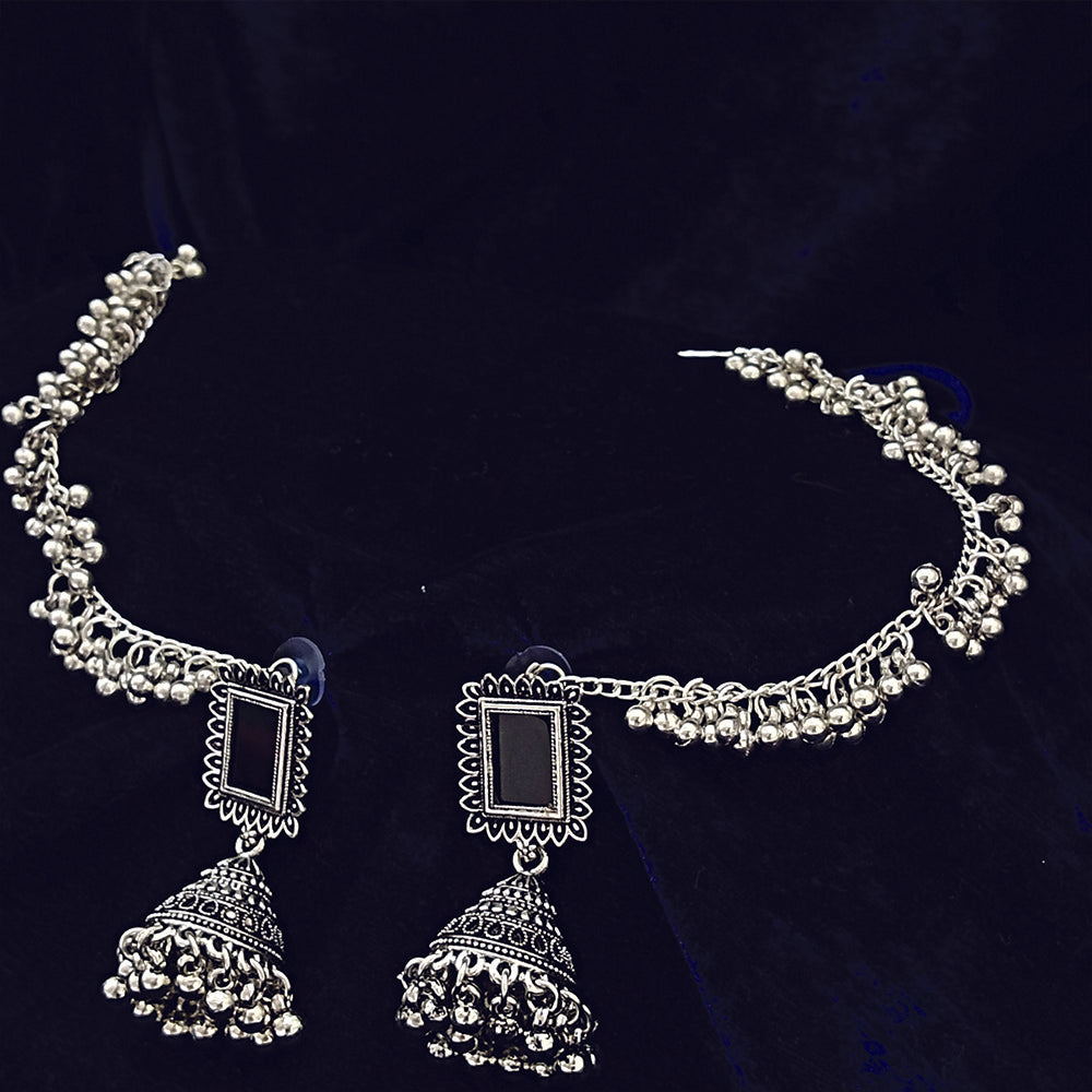 JewelMaze Oxidised Plated Jhumki Earrings With Kan chain