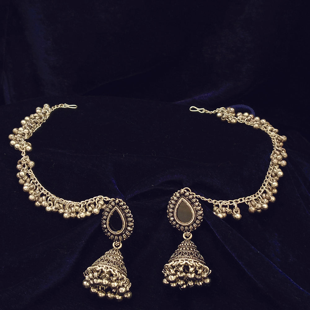 JewelMaze Oxidised Plated Jhumki Earrings With Kan chain _1404902