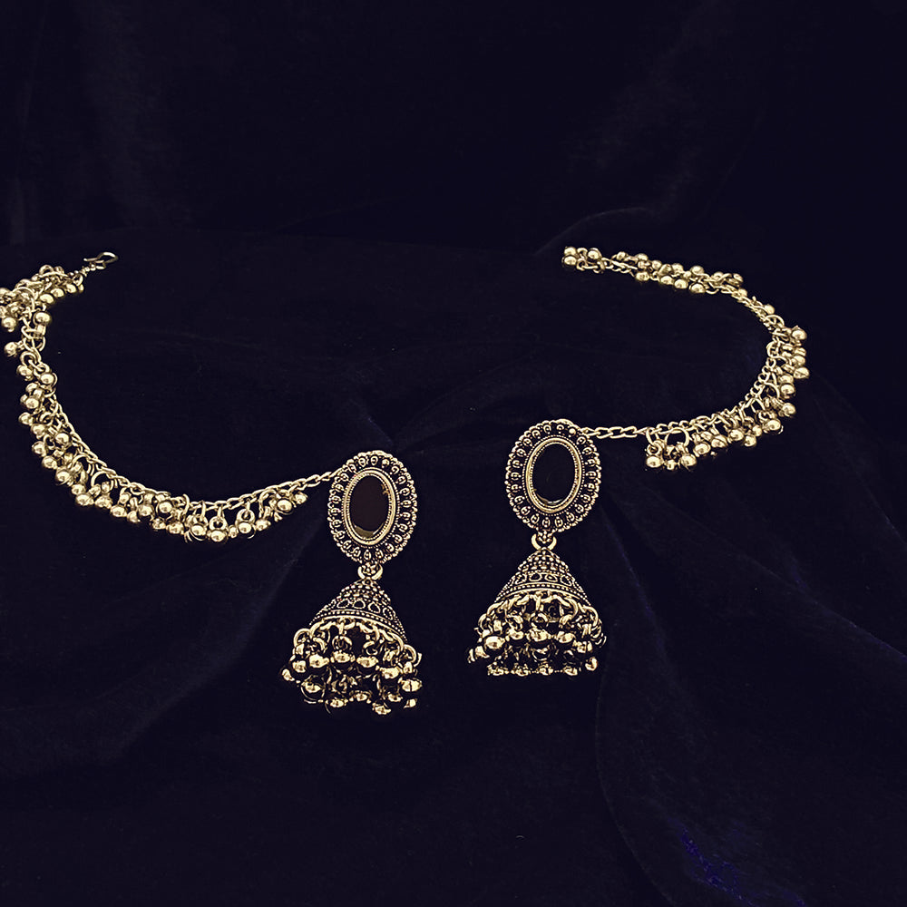 JewelMaze Antique Oxidized Plated Jhumki Earrings with Ear Chain