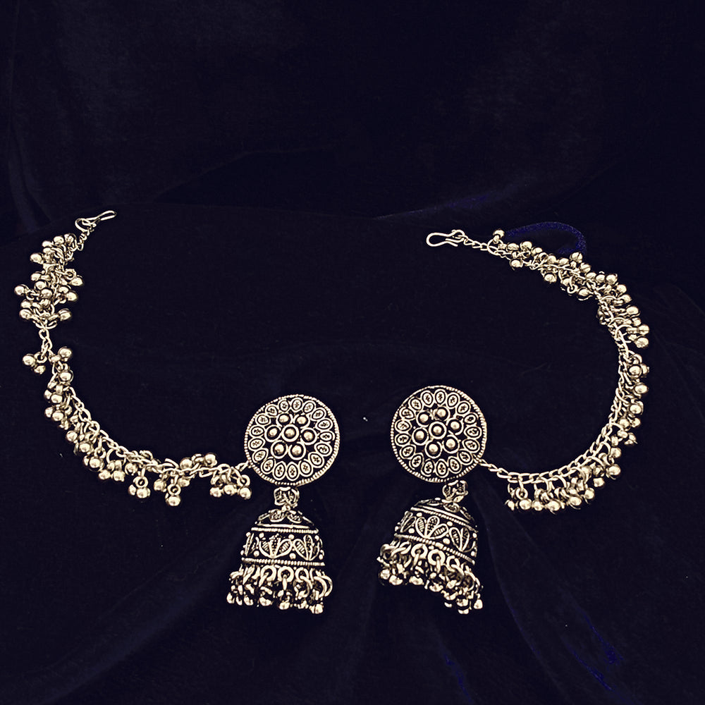 JewelMaze Antique Oxidized Plated Jhumki Earrings with Ear Chain_1404905