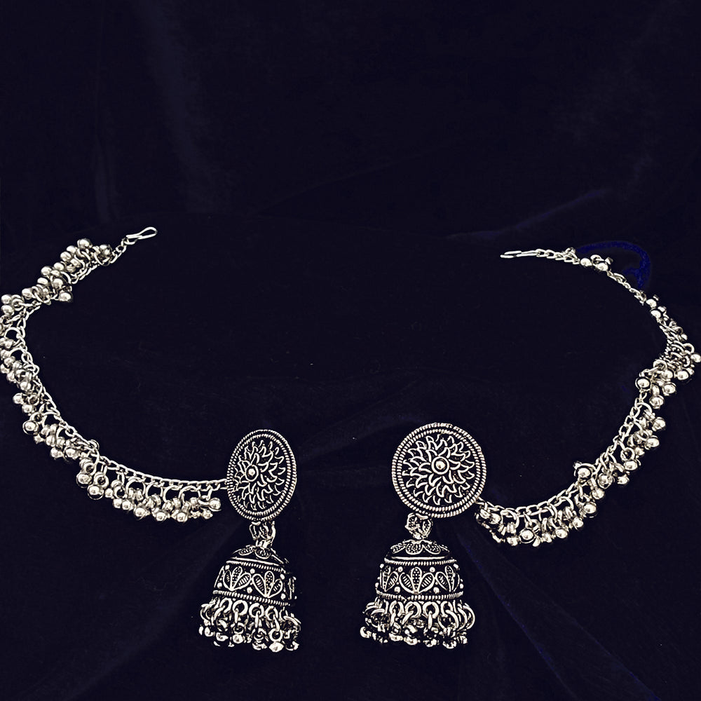 JewelMaze Oxidized Plated Jhumki Earrings with kan Chain_1404906