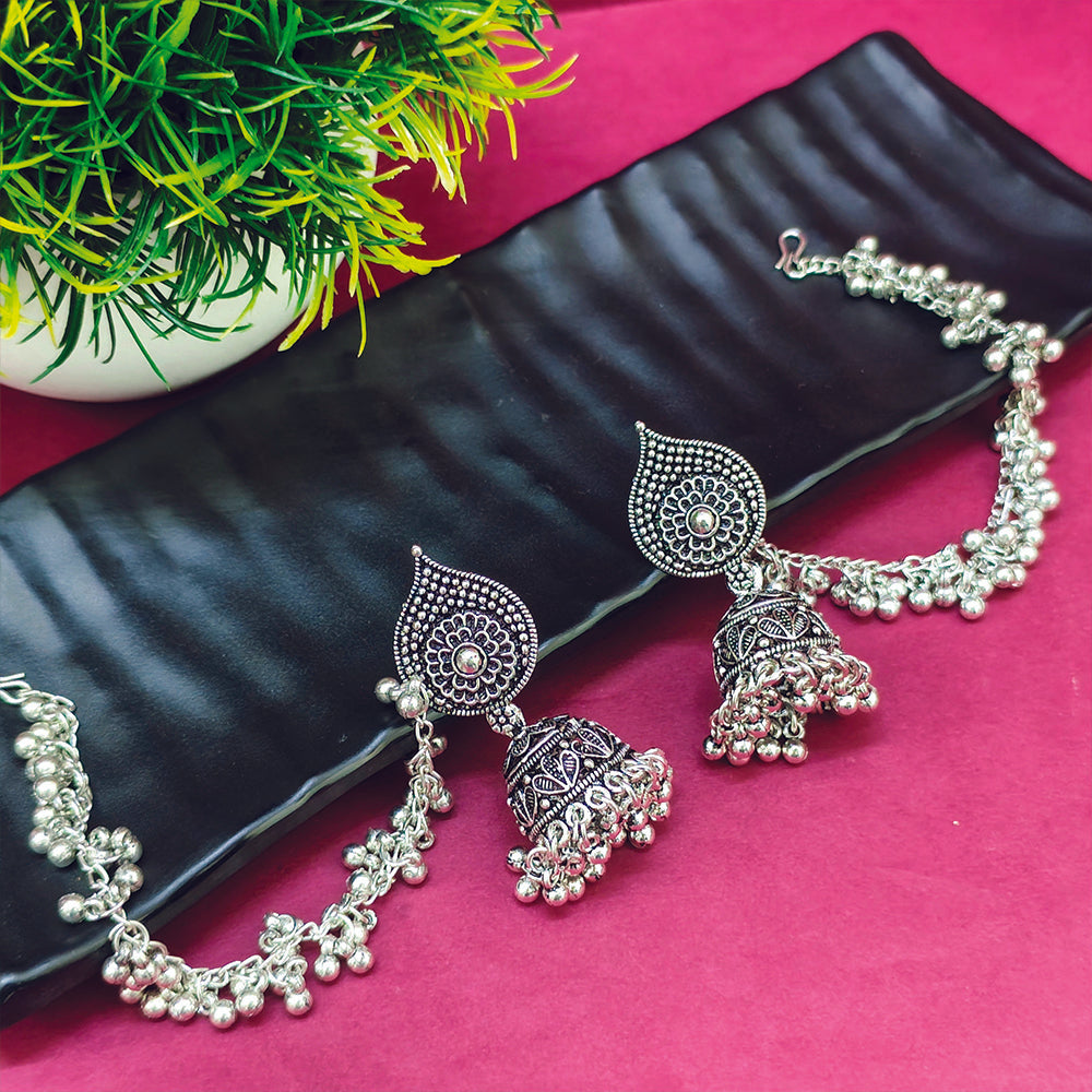 JewelMaze Oxidized Plated Jhumki Earrings with kan Chain_1404908