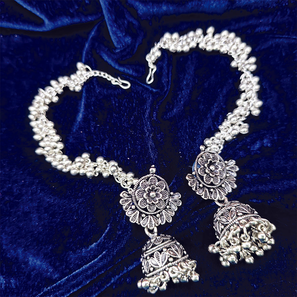 JewelMaze Oxidized Plated Jhumki Earrings with kan Chain_1404909
