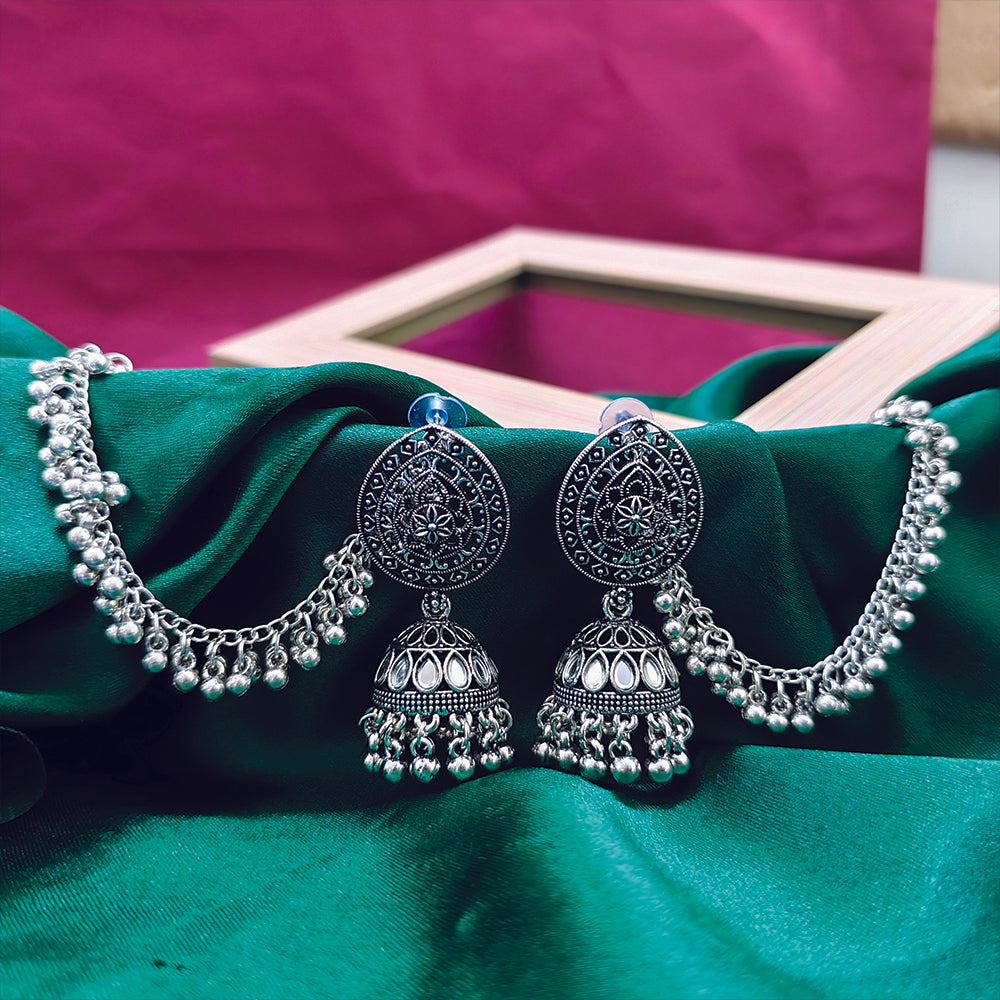 JewelMaze Oxidised Plated Mirror Work Jhumki Earrings with Kan Chain