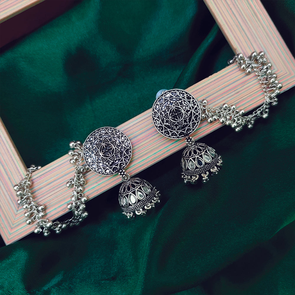 JewelMaze Oxidised Plated Mirror Work Jhumki Earrings with Kan Chain_1404911