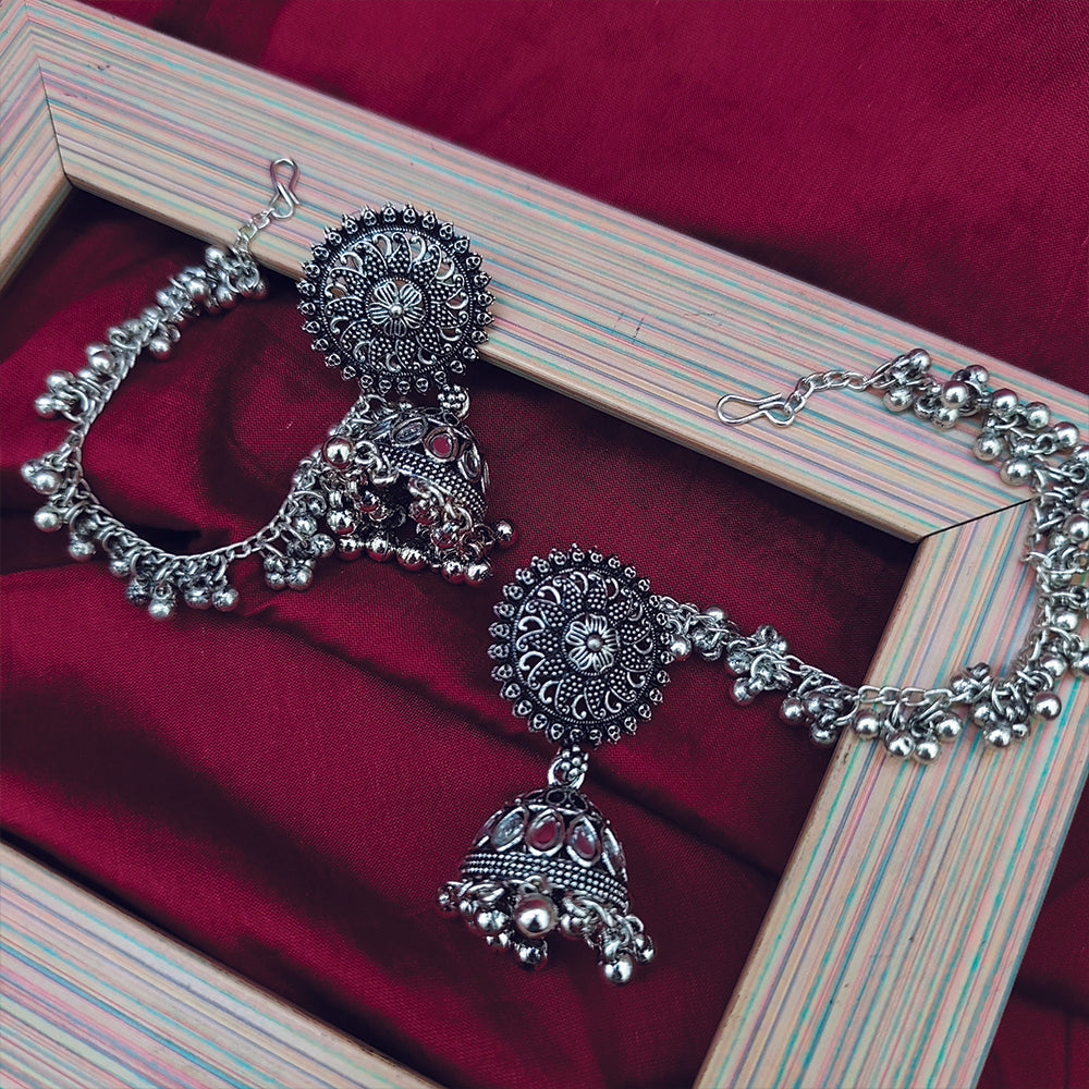 JewelMaze Ethnic Oxidised Jhumkis with Mirror Work and Kan Chain