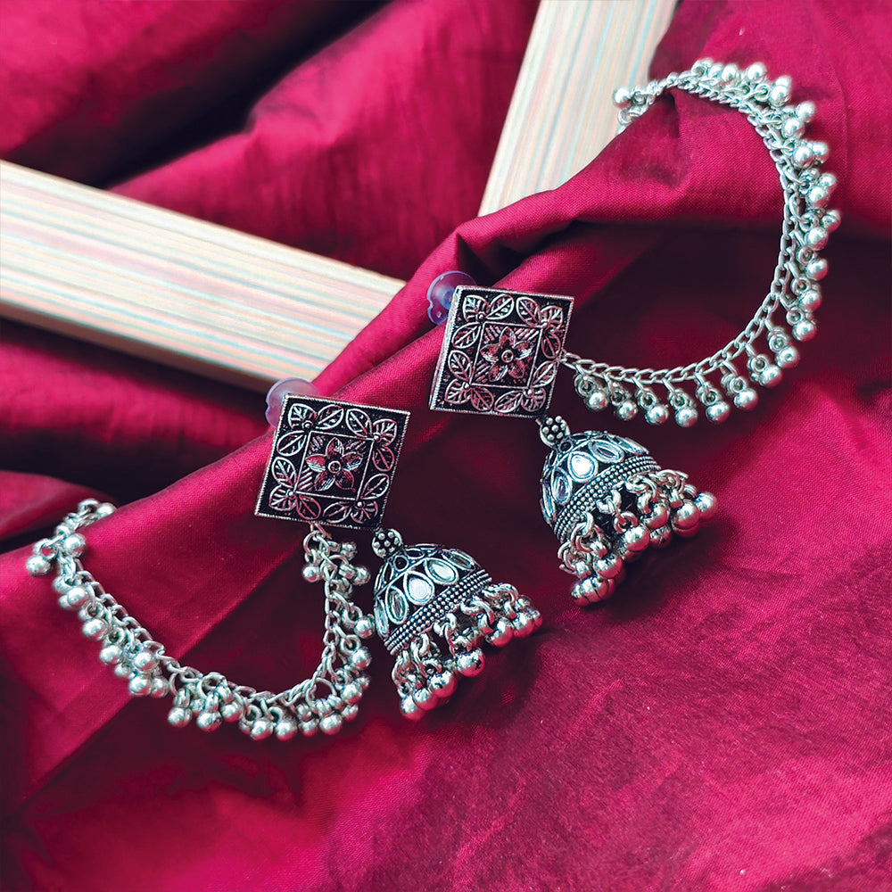 JewelMaze Ethnic Oxidised Jhumkis with floral Work and Kan Chain