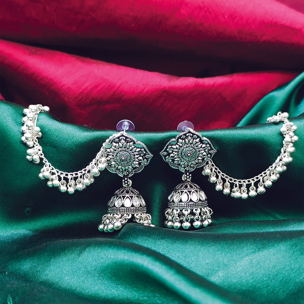 JewelMaze Ethnic Oxidised Jhumkis with floral Work and Kan Chain_1404914
