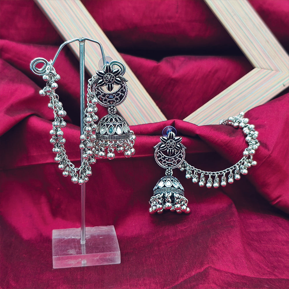 JewelMaze Ethnic Oxidised Jhumkis with kan chain