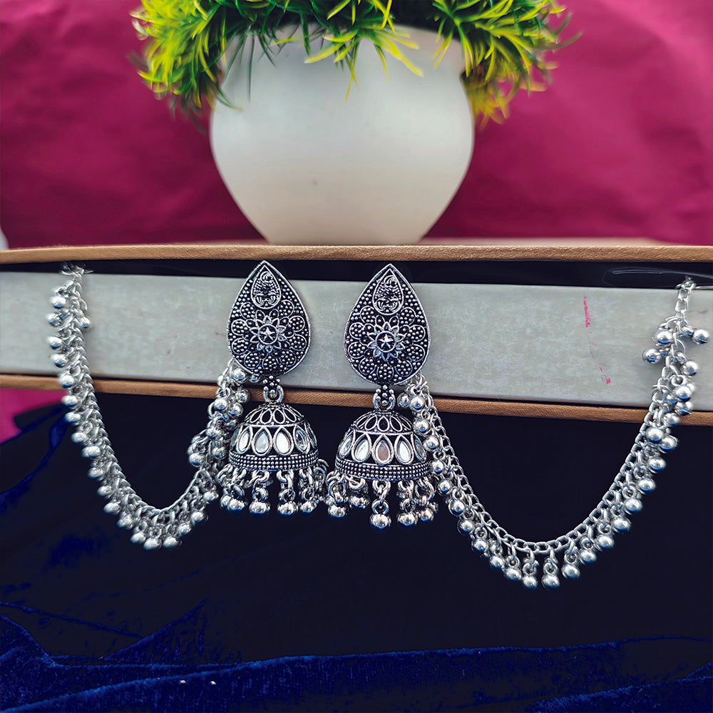 JewelMaze Oxidised Mirror Jhumkas with Kan Chain