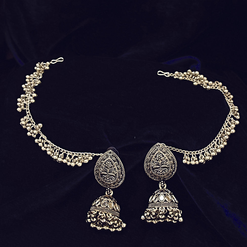 JewelMaze Oxidised Jhumka Earrings with Ear Chain