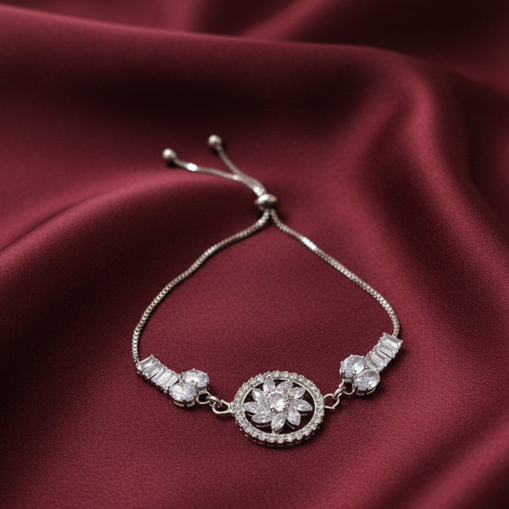 JewelMaze Premium Silver AD Floral Bracelet for Women