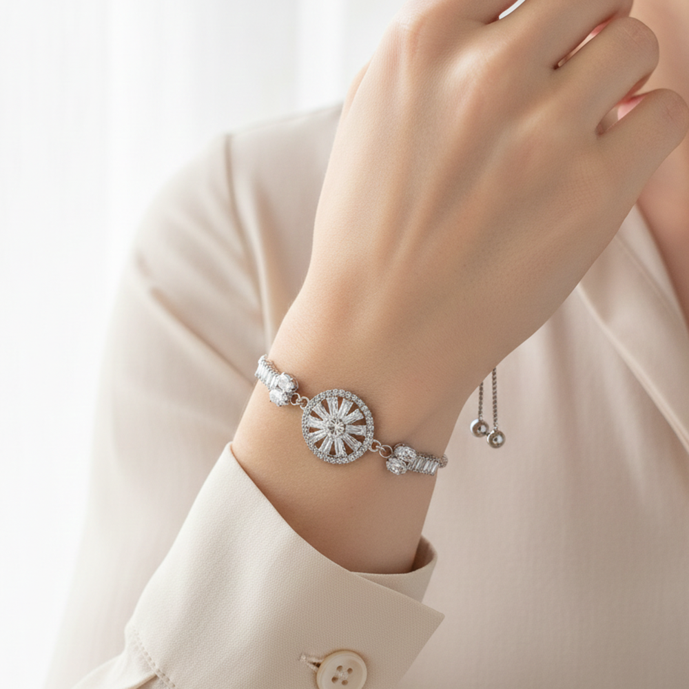 JewelMaze Elegant Silver AD Floral Bracelet for Party wear