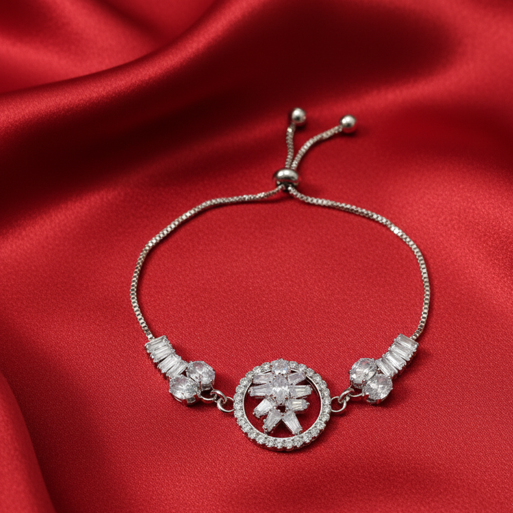 JewelMaze Graceful Silver AD Floral Bracelet for Party Wear