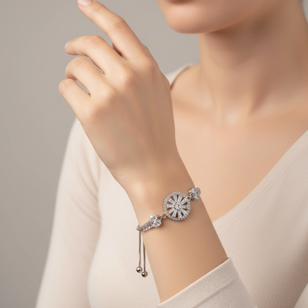 JewelMaze Silver Blossom Radiance Floral AD Bracelet