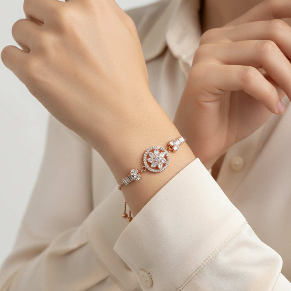 JewelMaze Beautiful Rose Gold Radiance Floral AD Bracelet