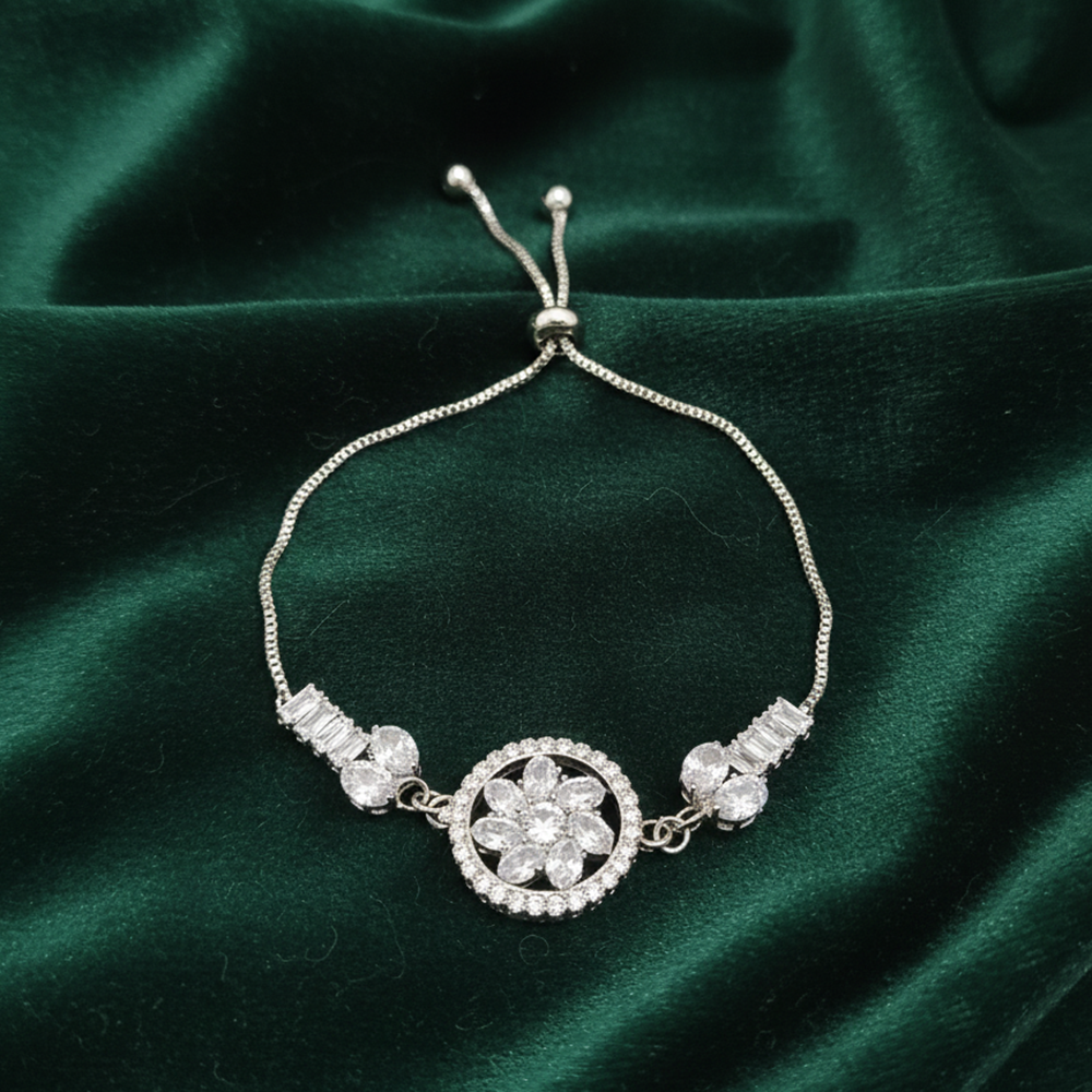JewelMaze Delicate Floral Silver Ad Bracelet For Party Wear