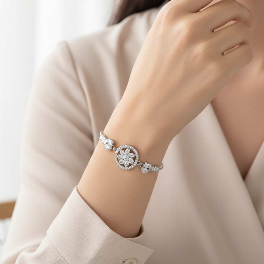 JewelMaze Delicate Floral Silver Ad Bracelet For Party Wear