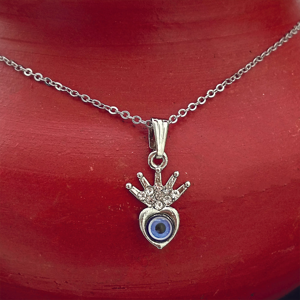 JewelMaze Silver Plated Heart Shaped Evil Eye Chain Pendant -1405017