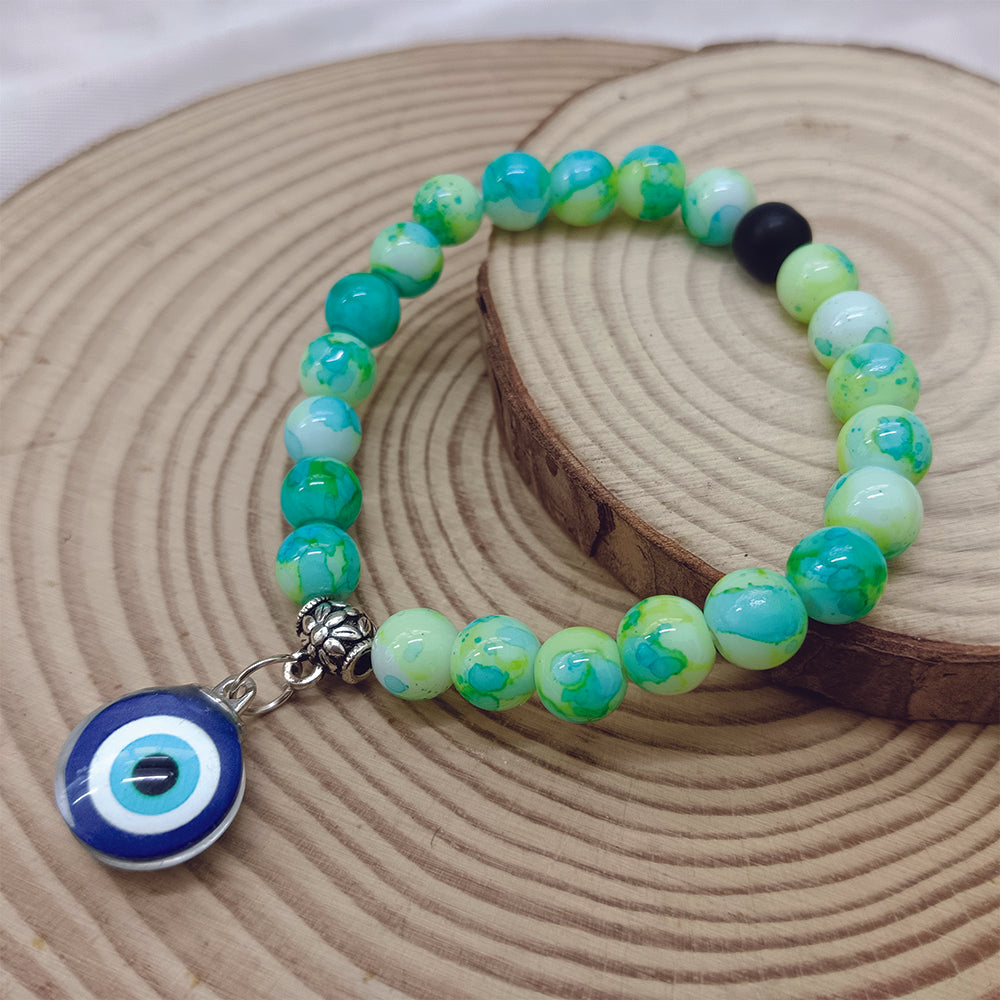 JewelMaze Light Green Beads Evil Eye Bracelet