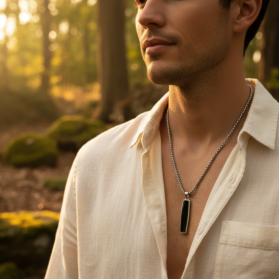 JewelMaze Elegant Silver Plated Box Chain with Black Bar Pendant