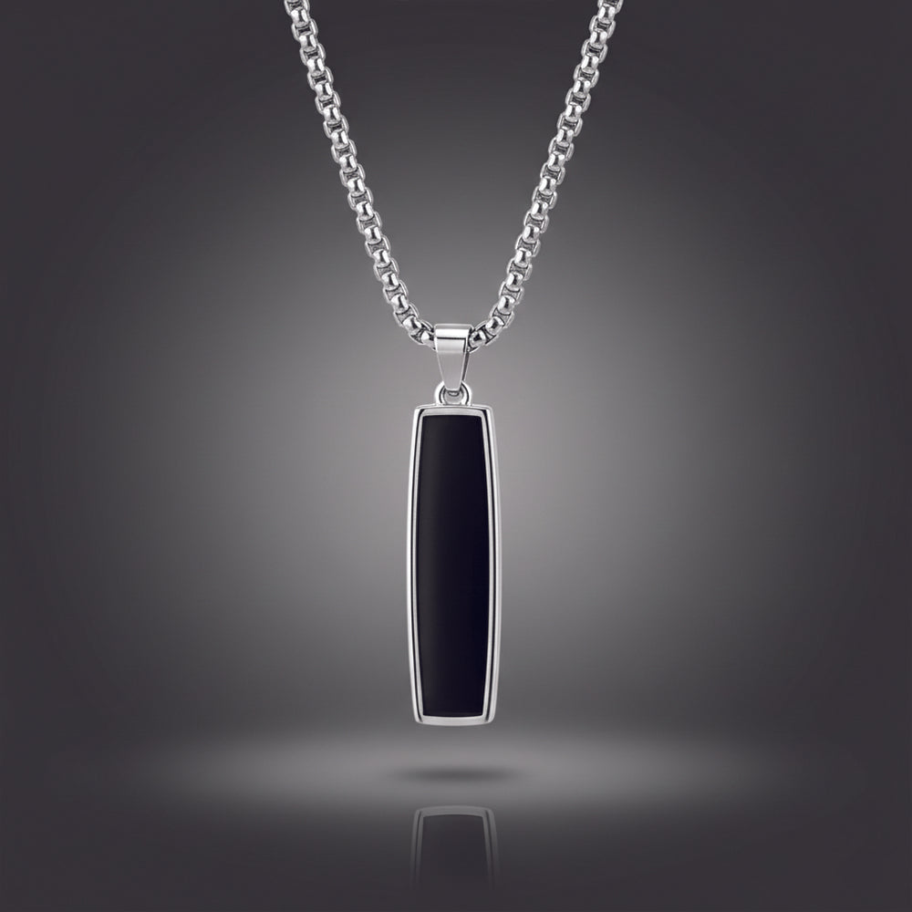 JewelMaze Elegant Silver Plated Box Chain with Black Bar Pendant