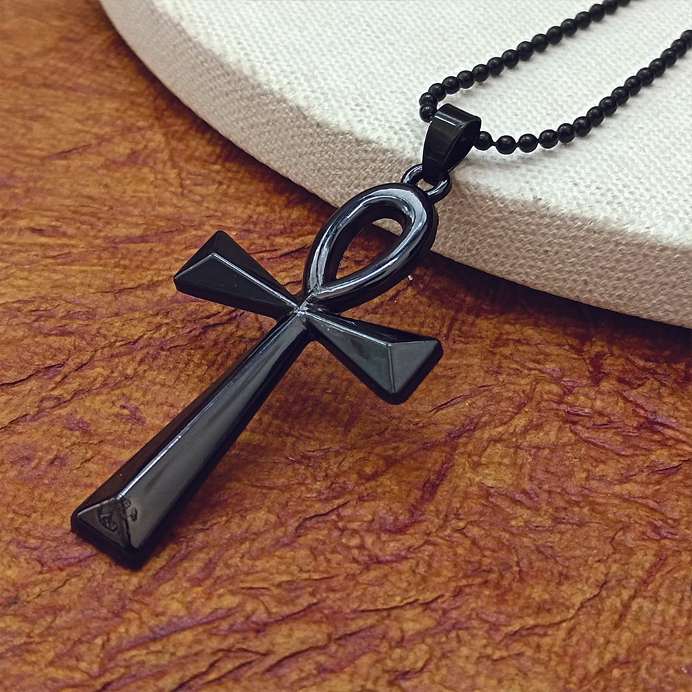 Jewelmaze Egyptian Ankh Symbol Black Pendant Necklace for Men's