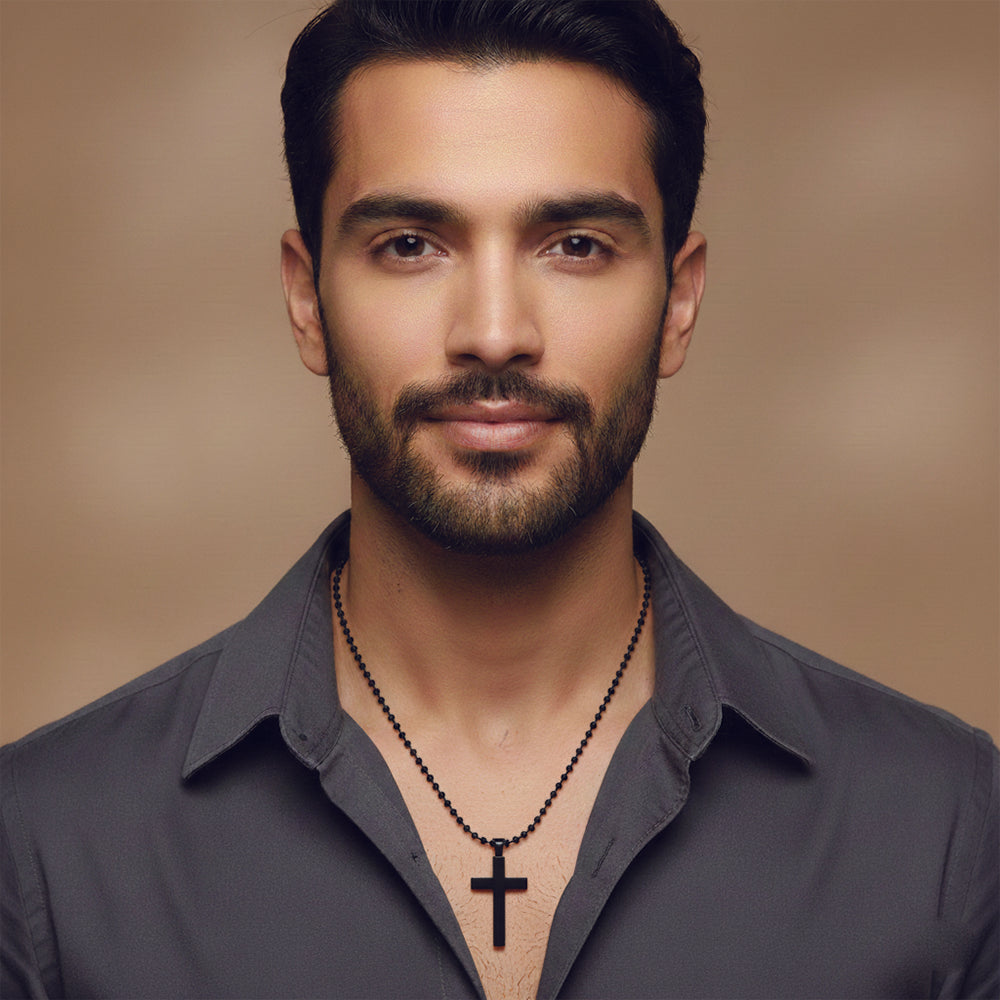 Jewelmaze Stylish Black Cross Pendant with Beaded Chain for Men's