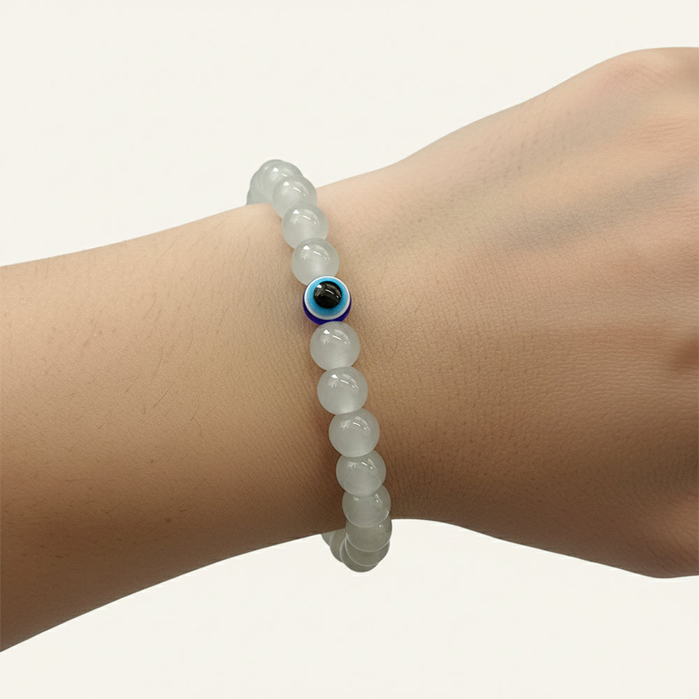 JewelMaze Grey Obsidian Beads Bracelet with Evil Eye Charm