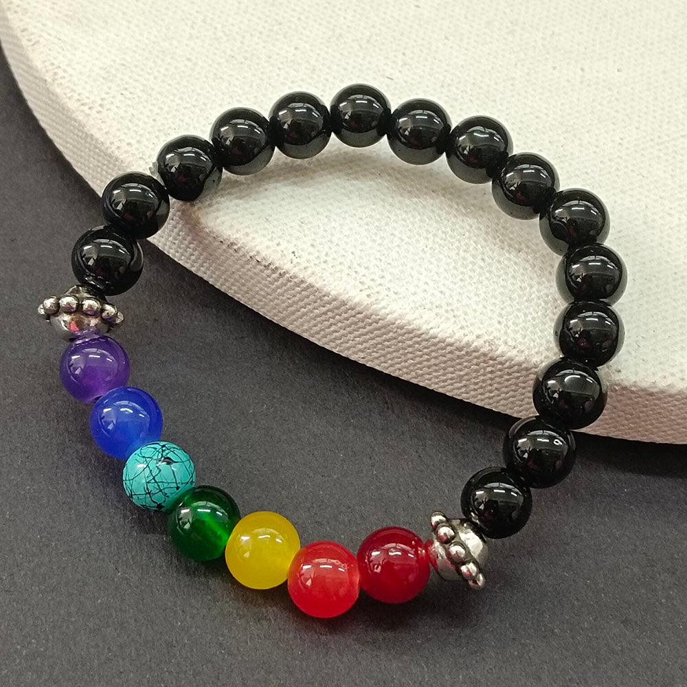 JewelMaze Handcrafted 7 Chakra Energy Bracelet with Black Beaded Design