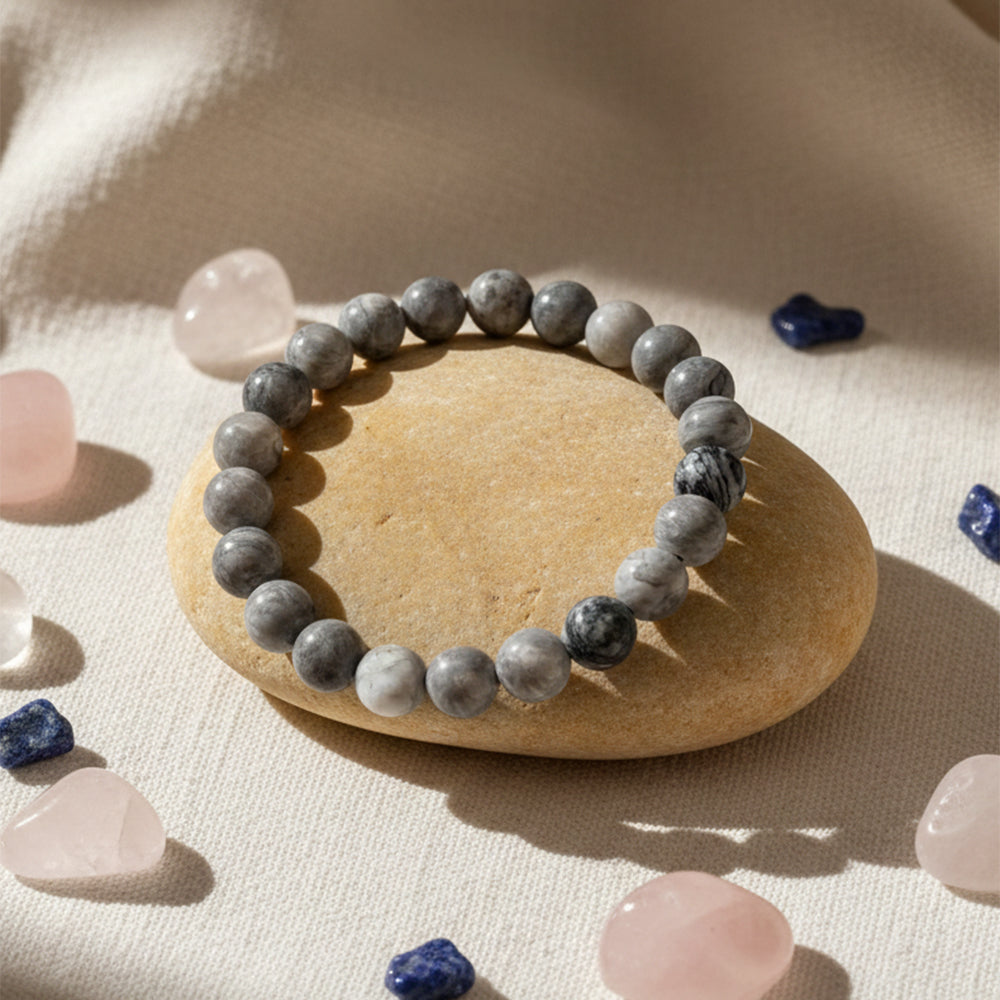 JewelMaze Grey Jasper Natural Stone Bracelet For Inner Strength