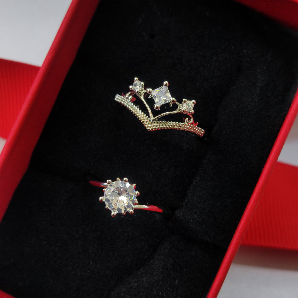 Jewelmaze Rhodium Plated Solitaire Couple Ring Set ( Assorted ) - 1506918