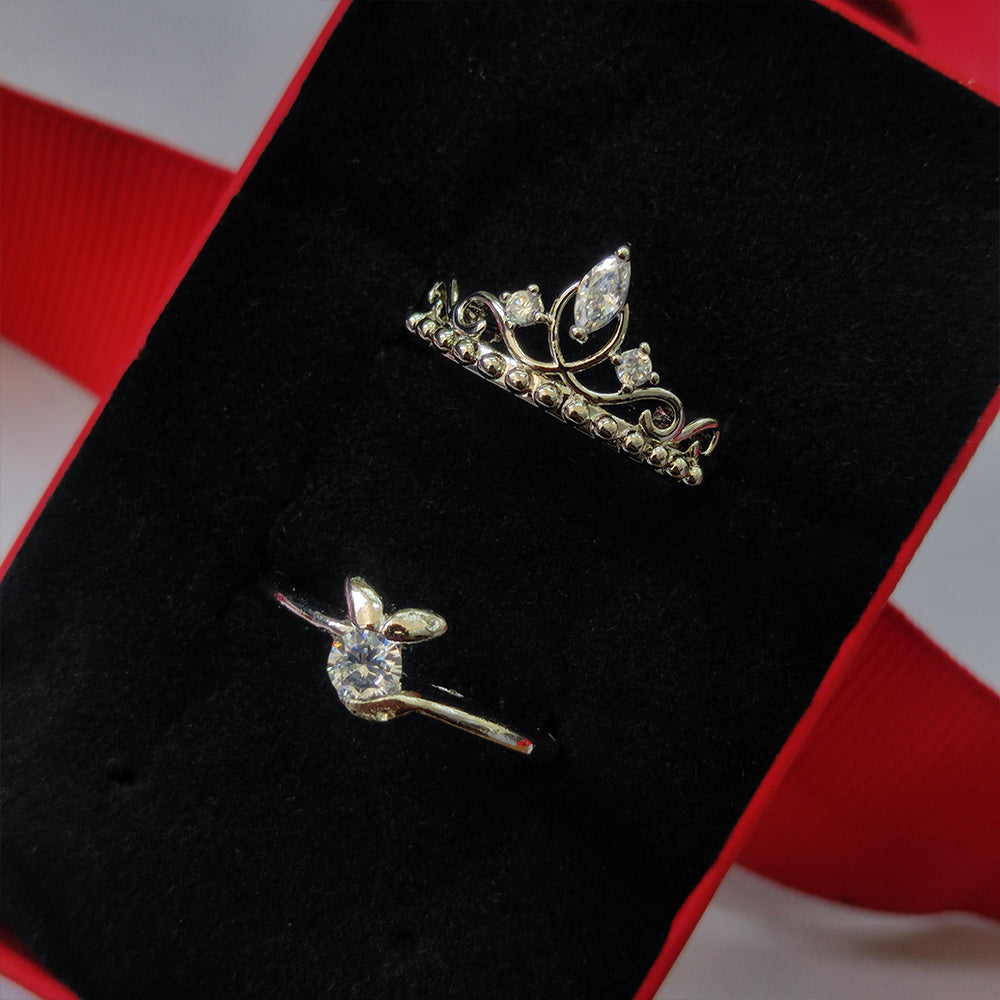 Jewelmaze Rhodium Plated Solitaire Couple Ring Set ( Assorted ) - 1506919