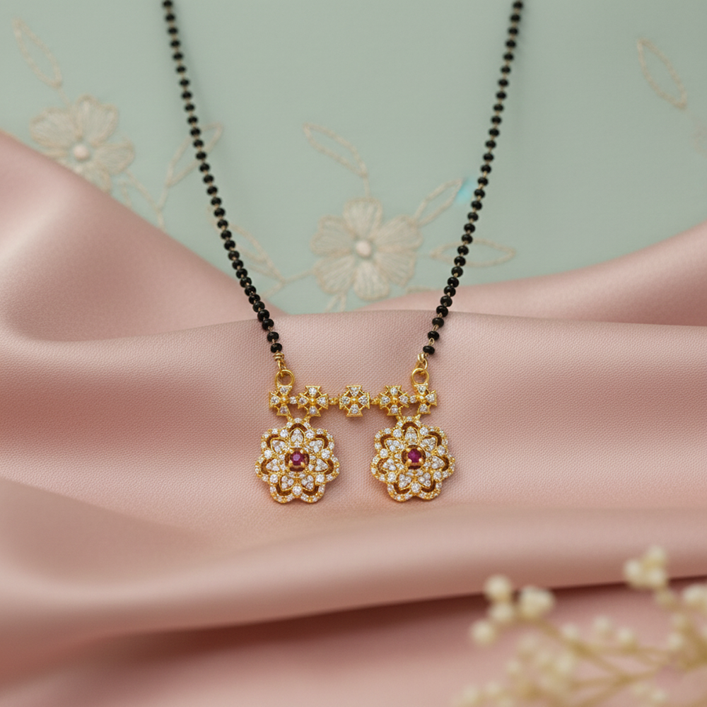 JewelMaze Designer Floral Motif AD Mangalsutra with Black Beads