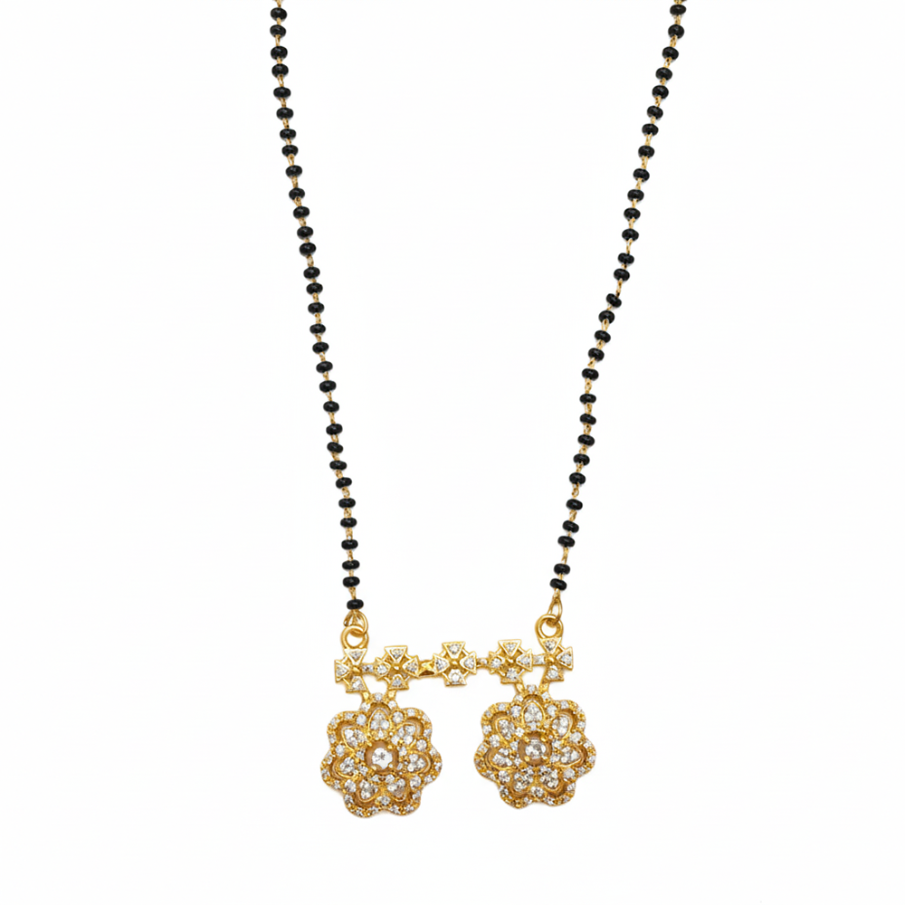 JewelMaze Designer Floral Motif AD Mangalsutra with Black Beads