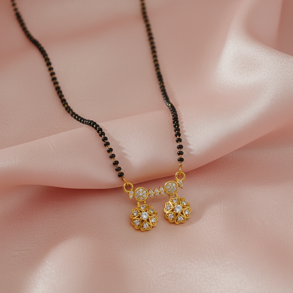 JewelMaze Designer Floral Motif AD Mangalsutra with Black Beads