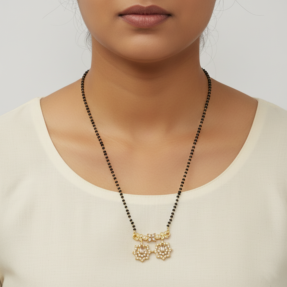 JewelMaze Delicate Black Beads Ad Mangalsutra with Gold Pendant