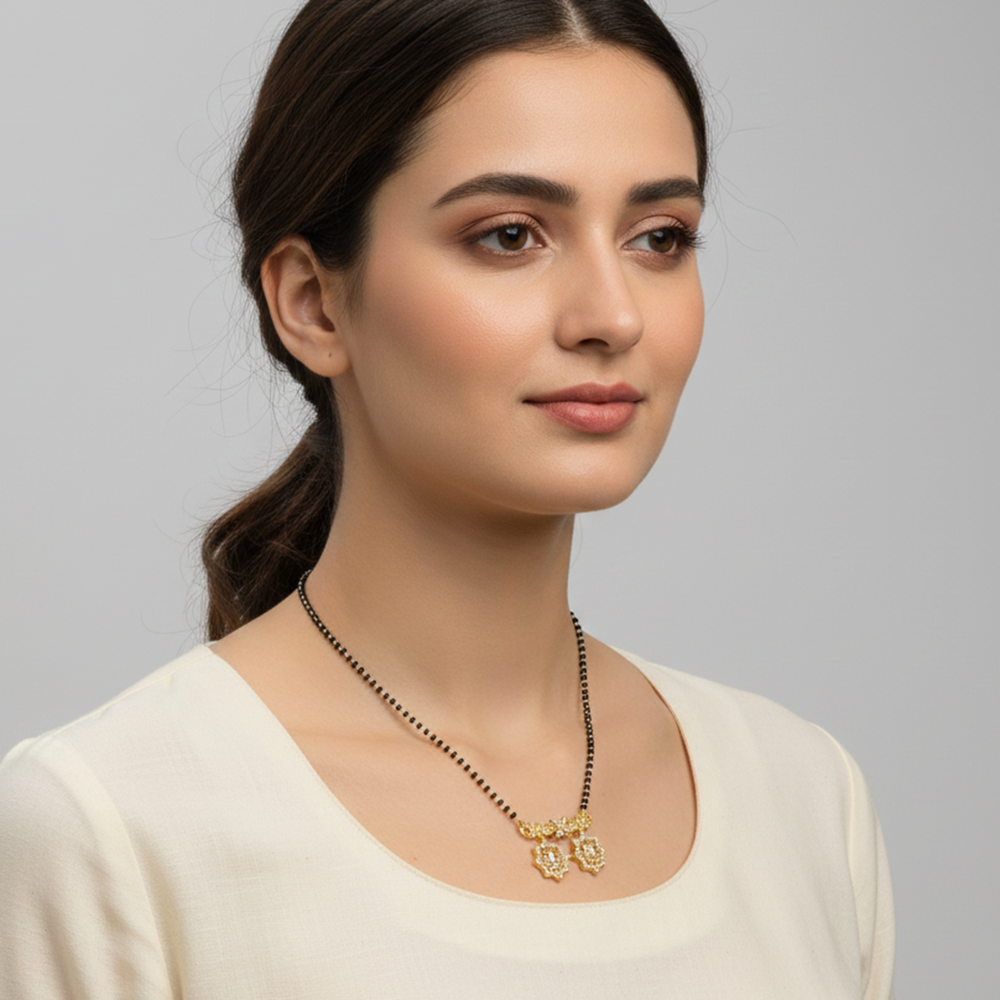 JewelMaze Delicate Black Beads Ad Mangalsutra with Gold Pendant