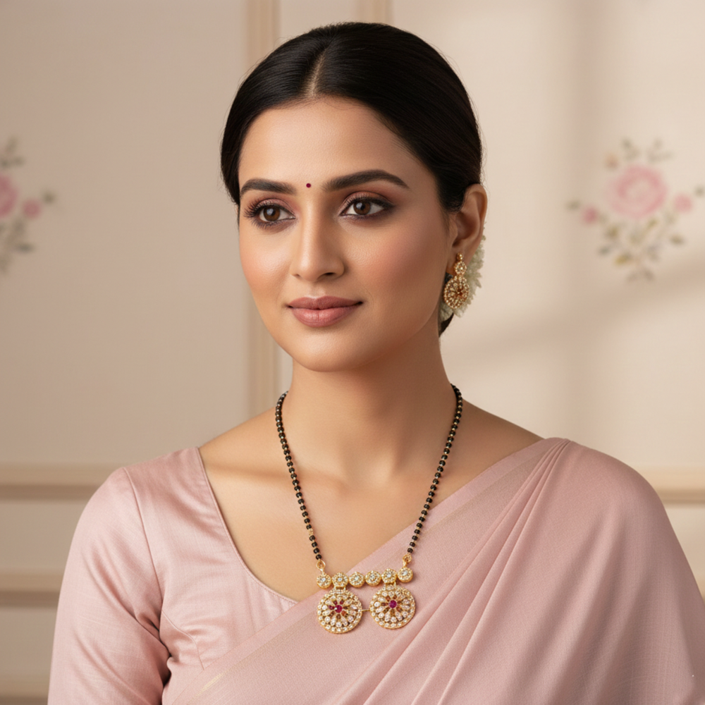 JewelMaze Ethereal Charm Ad Mangalsutra with Classic Black Beads