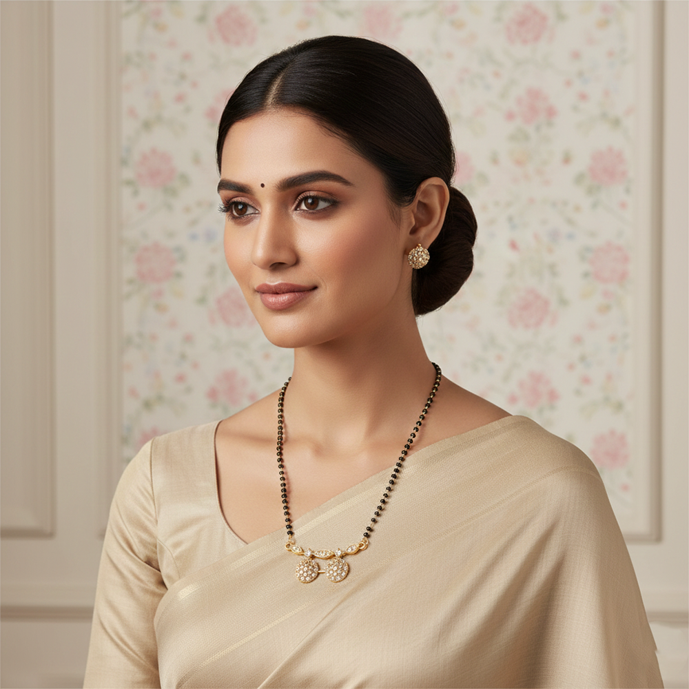 JewelMaze Modern Muse Floral Ad Mangalsutra with Traditional Black Beads